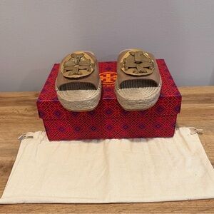 Tory Burch Tan Espadrille Sandals with Gold Accents